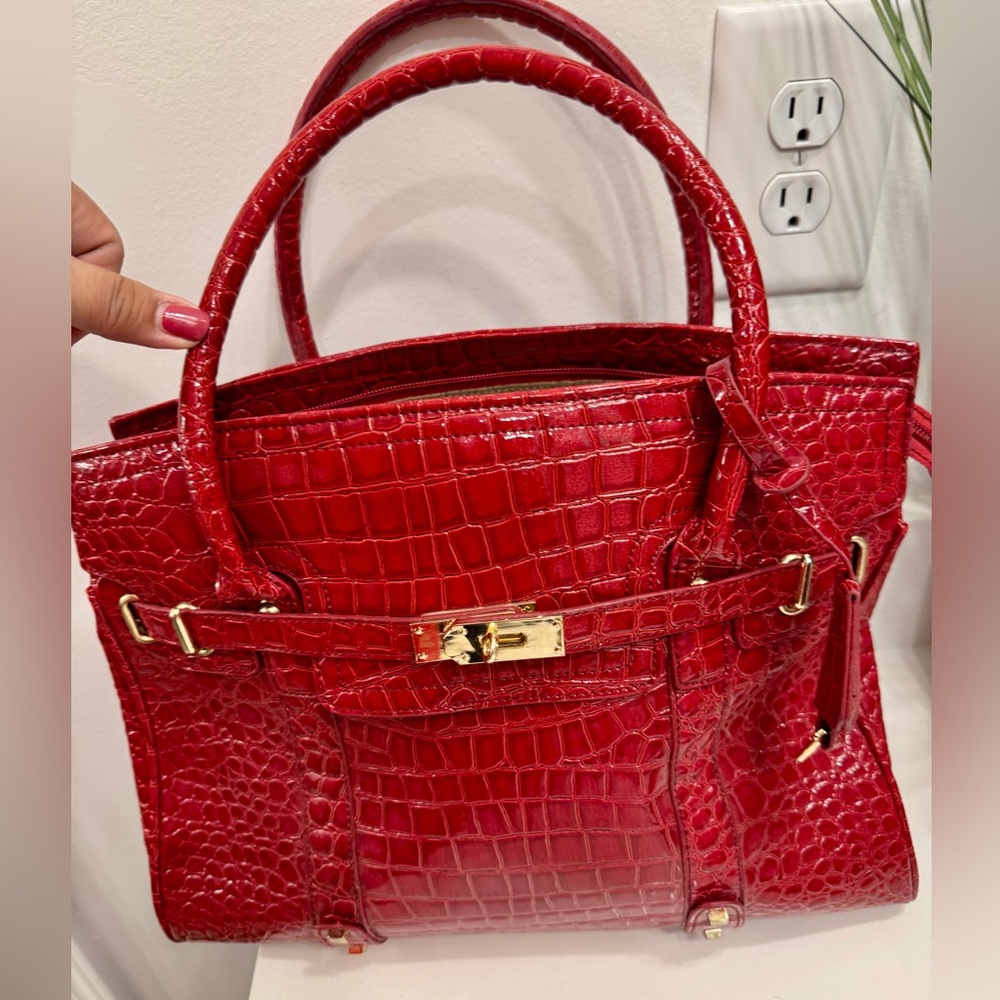 Elegant Red Crocodile-Embossed Handbag